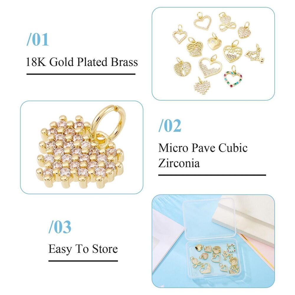 6329 12Pcs Brass 18K Gold Plated Heart Charms Cubic Zirconia Crystal Charms - Picture 4 of 7